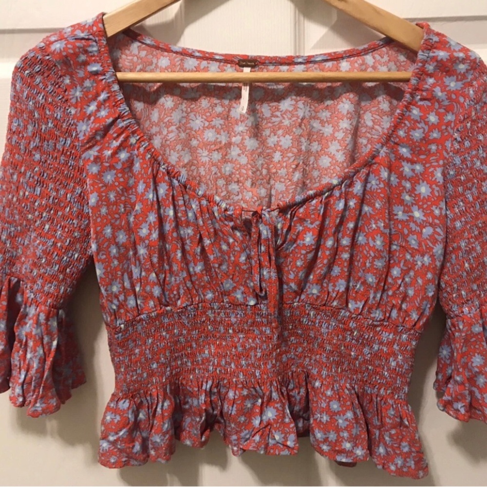 Free People Red Floral Smocked Crop Top with Light Blue Blossoms SMALL
